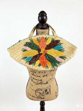 Vintage MCM Straw zip Top Bag With Handles Floral, Retro,Vaca, Festival